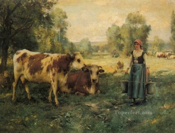 Julien Dupre Painting - A Milk Maid with Cows and Sheep farm life Realism Julien Dupre